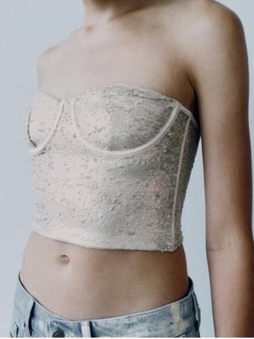 ZARA Sequin Corset Bustier Top Neutral Champagne Extra Large XL NEW NWT